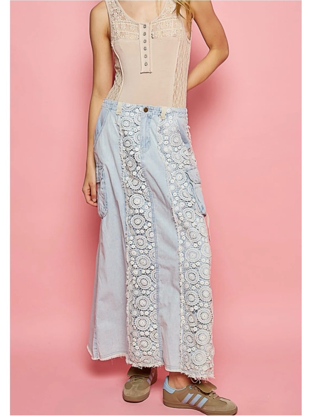 POL Lace Light Wash Denim Midi Maxi Skirt Crochet Medium Boho Coastal Cowgirl - Picture 6 of 15